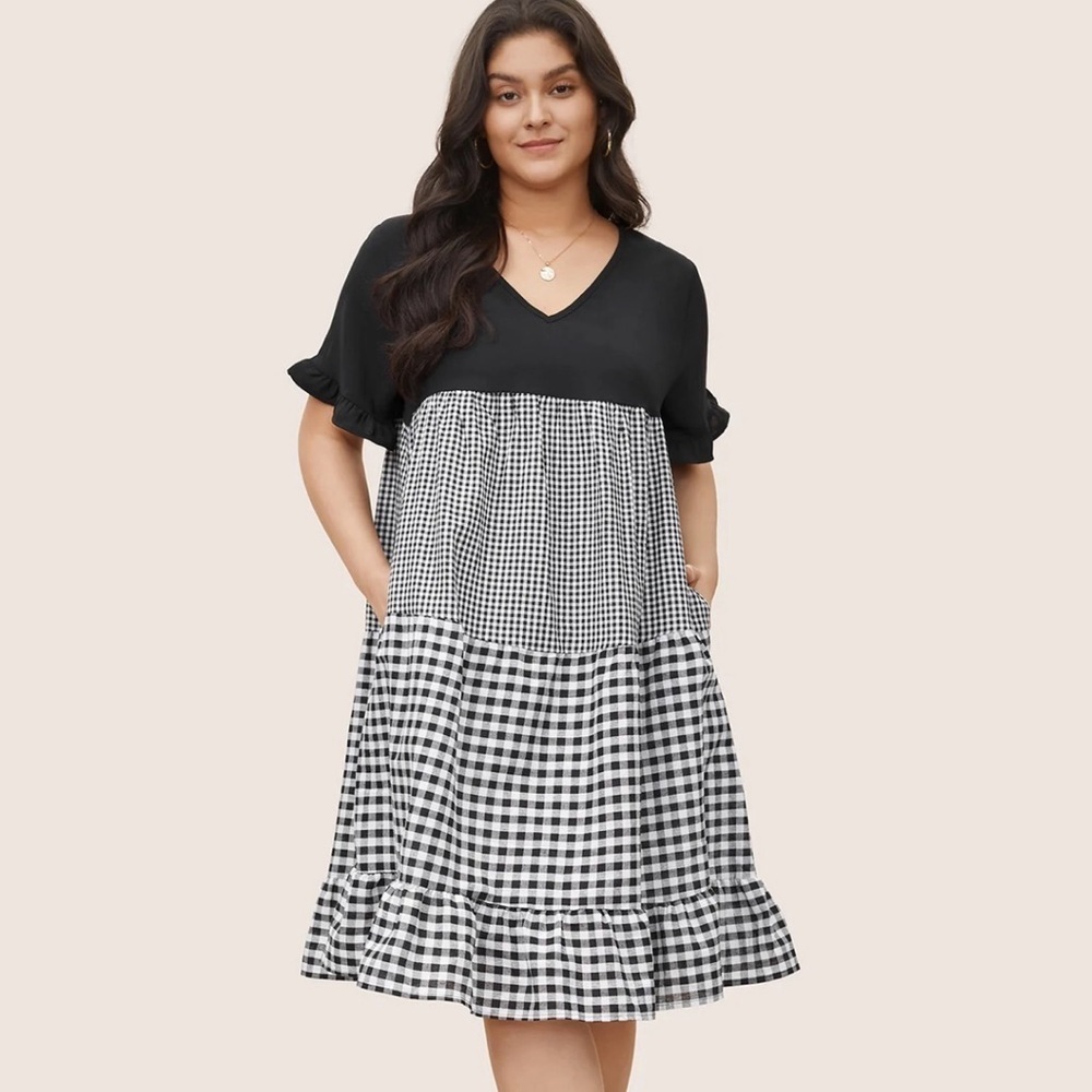 BloomChic Plus Size Gingham Patchwork V Neck Pocket Ruffles Dress